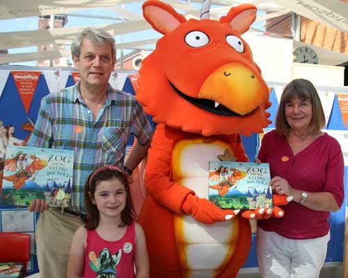 Axel Scheffler, Abigail Cartwright, Zog and Julia Donaldson at the launch of Zog and the Flying Doctors.