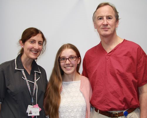 Katie Braybrook with specialist nurse Rachel Hunt and surgeon Mr Jonathan Lucas