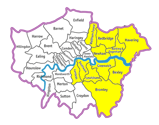 Map of the areas covered by the Evelina London assistive communication service