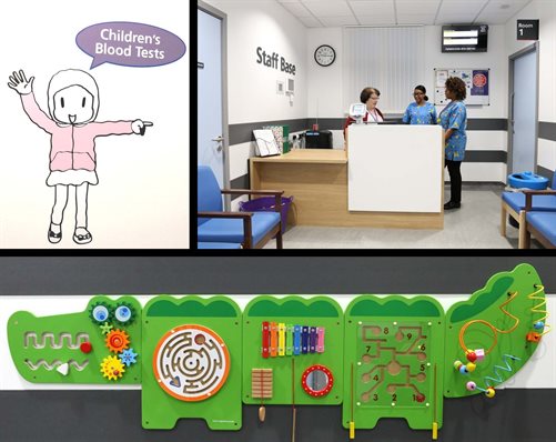 The children&amp;#39;s blood test centre reception and artwork including a giant interactive crocodile to keep younger children occupied.