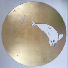 A piece of artwork from the Seal clinical research facility. A seal swimming in a gold bubble.